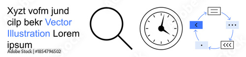 Time tracking, workflow design, analysis processes, productivity tools, efficient planning, data management. Graphics of a magnifying glass, clock and flowchart. Analysis processes and time tracking