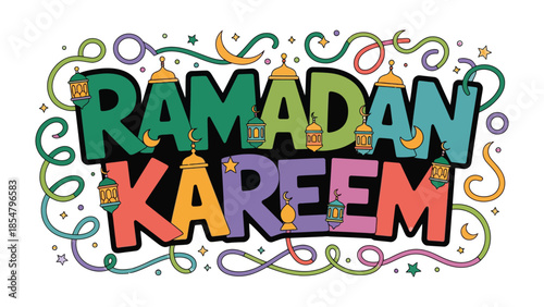 Ramadan Kareem: Vibrant depiction of Ramadan Kareem lettering, celebrating the holy month of fasting with illustrative details.