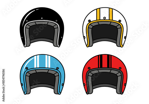 Collection of four distinct vintage-style helmets, each featuring a unique color scheme and design for protection and style