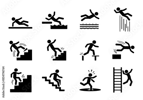 Collection of warning pictograms depicting various falling accidents and workplace safety hazards; essential symbols for risk awareness and prevention