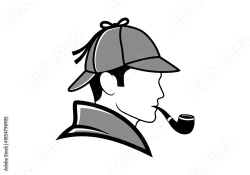 Detective Smoking a Pipe Wearing a Deerstalker Hat with Tassels - A Classic Silhouette Illustration