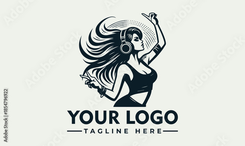 Vector logo design featuring a woman wearing headphones and dancing with flowing hair, incorporating a customizable logo and tagline in a modern graphic style.