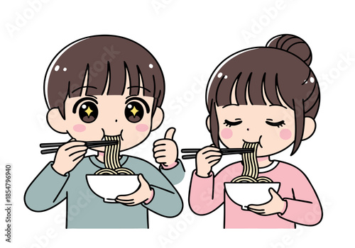 Happy young couple eating noodles with chopsticks from bowls, enjoying a meal together with thumbs up