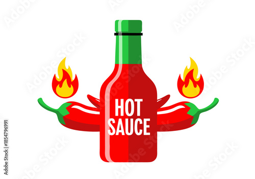 Spicy Hot Sauce Bottle Illustration with Flames and Chili Peppers - A Fiery Culinary Element