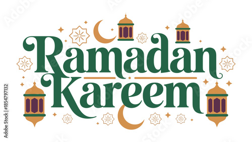 Ramadan Kareem: A festive and elegant design showcasing a heartwarming Ramadan greeting. Featuring a stylized crescent moon, ornate lanterns and star patterns. 