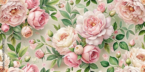 Elegant Pink Rose and Peony Floral Pattern, Romantic Botanical Design, Soft Green Leaves, High-Resolution Stock Photo