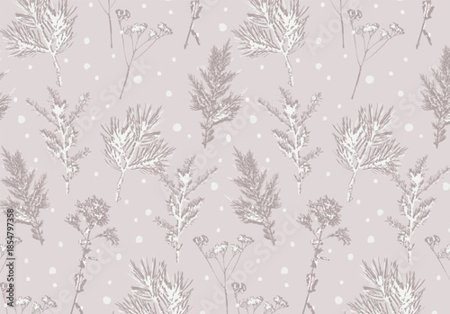 Elegant vector seamless pattern featuring hand drawn coniferous pine twigs, delicate dried flowers and snow dots. Soft winter botanical background in pastel dusty rose palette for textile or wrap.