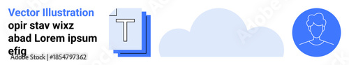 Data storage, document organization, identity verification, user management, digital services, and cloud technology. Icons of a cloud, layered document and user profile. Data storage and identity