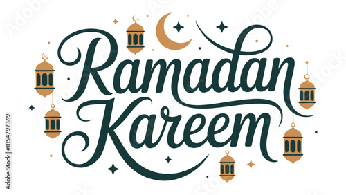 Ramadan Kareem Illustration: Artistic calligraphy design conveying Ramadan Kareem message, with elegant Arabic script, adorned with lanterns and crescent moon.