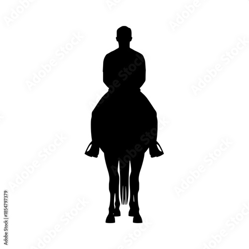 “High-contrast silhouette of an adult rider seated on a horse, frontal view, clean white negative space, bold graphic design.”