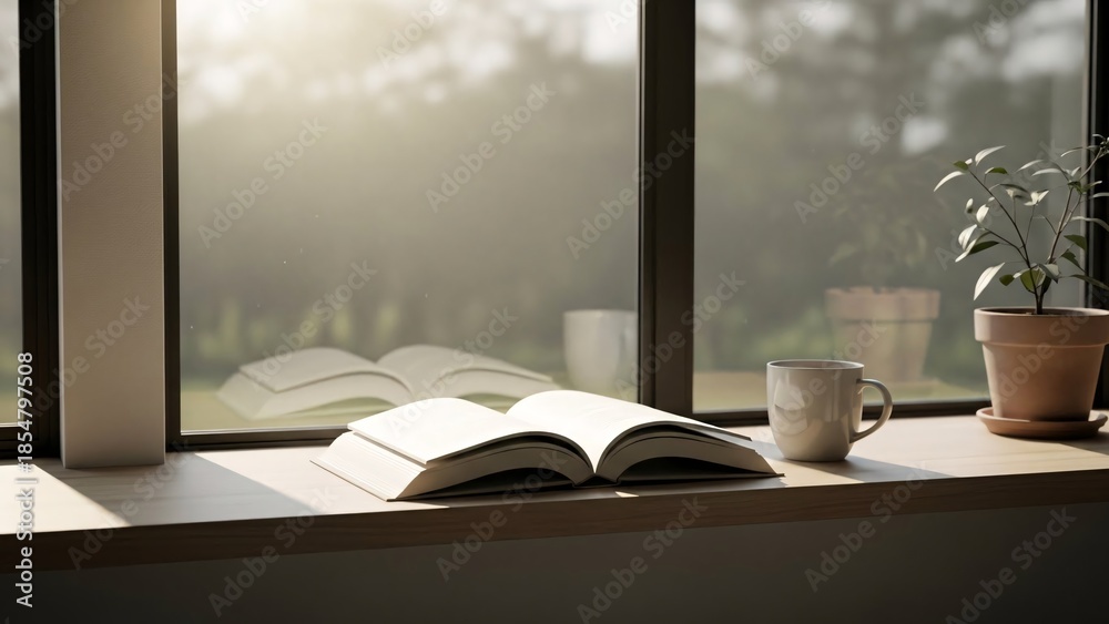 Fototapeta premium Sunlight illuminating an open book and a mug of coffee on a windowsill