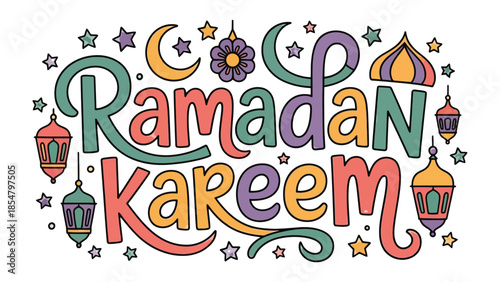Ramadan Kareem Illustration: Colorful artistic rendering with the words Ramadan Kareem in a festive design featuring lanterns, stars, and moon symbols
