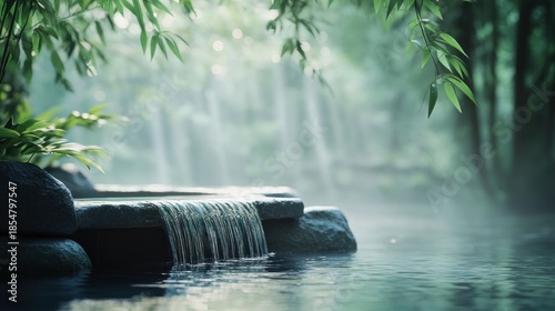 Tranquil outdoor hot spring, waterfall, lush bamboo forest