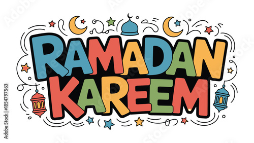 Ramadan Kareem Illustration: Colorful illustration celebrating the holy month of Ramadan. Featuring festive design elements with intricate details.