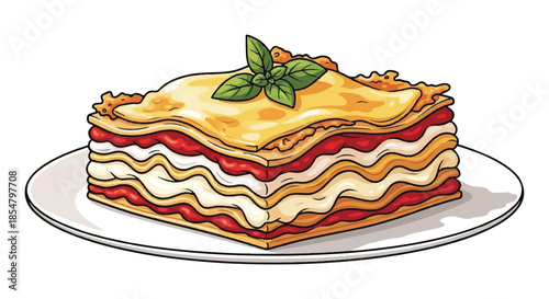 Delicious Italian Meat Lasagna Slice with Melting Cheese and Fresh Basil Topping Illustration