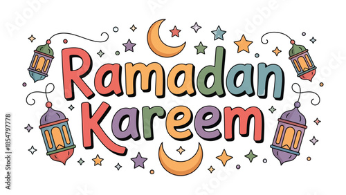 Ramadan Kareem: A vibrant illustration of Ramadan Kareem, features cheerful text and charming decorations, conveys a message of peace and celebration.