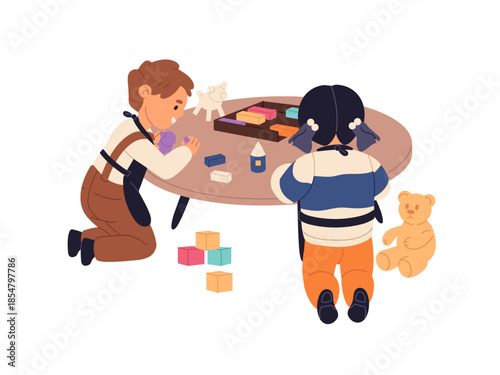 Happy kids are modeling plasticine at the table together. Children play, do art in daycare. Development of fine motor skills in kindergarten. Flat isolated vector illustration on white background