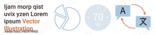 Data visualization, language services, app UI design, progress tracking, global communication, digital tools. Pie chart, percentage dial and language exchange icons. Data visualization and language