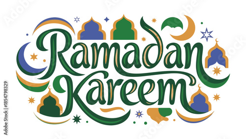 Ramadan Kareem: Festive calligraphy design conveying a message of peace and blessing during the holy month. Featuring crescent moon and star motifs. 