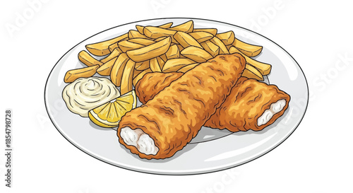 British Style Fish and Chips with Crispy Battered Fish Fillets and French Fries