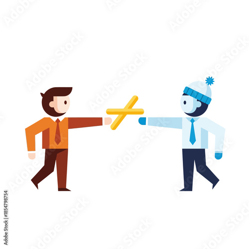 2D flat vector illustration showing two geometric corporate characters completing a successful relay baton pass, representing business delegation and project handover on a clean background.