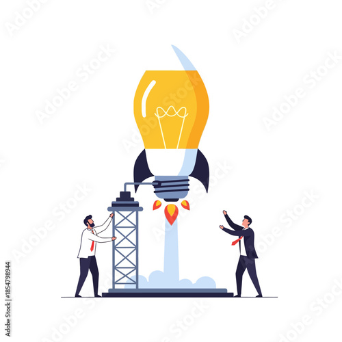 Two business colleagues launch a huge lightbulb-shaped rocket from a central launchpad structure, representing a successful innovative project launch in seasonal pure flat 2D vector illustration.