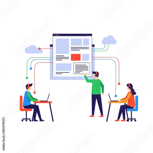 Minimalist remote workers edit a massive shared digital document via abstract data lines on a floating screen, depicted in a pure flat 2D vector illustration of cloud collaboration.