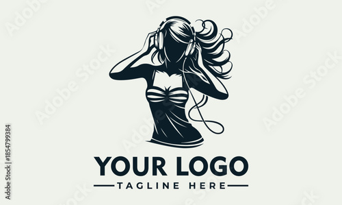 Vector logo template featuring a woman with flowing hair and a dress, incorporating space for a custom logo and tagline on a clean background, ideal for branding and music industry
