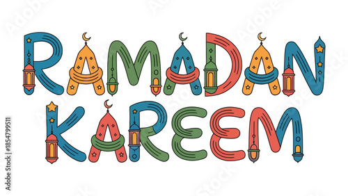 Ramadan Kareem Illustration: Colorful, artistic lettering spells out Ramadan Kareem, representing the festive spirit and wishes of the holy month.