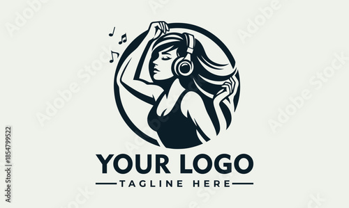 Vector logo design featuring a woman wearing headphones with music notes, on a simple background with space for a tagline and customizable logo text.