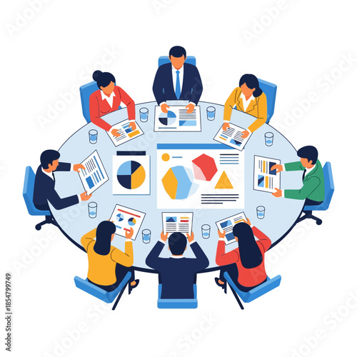 Diverse professional team conducting focused discussion and collective decision making while reviewing abstract data visualizations at a circular meeting table, pure flat vector illustration.