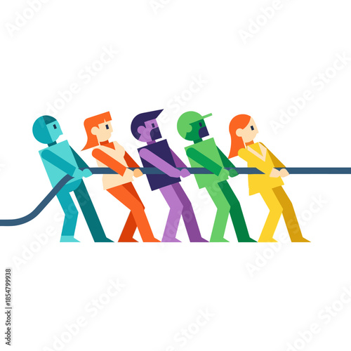Collaborative 2D flat vector illustration featuring five geometric characters pulling a thick rope together on a white background, symbolizing unified team effort and corporate strategy.
