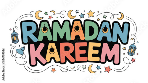 Ramadan Kareem: A festive and colorful greeting for Ramadan, featuring playful lettering and traditional symbols that evoke a sense of community.