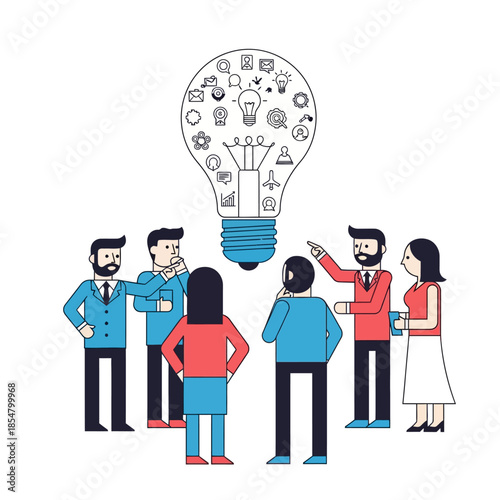 Collaborative brainstorming vector illustration featuring four geometric office workers sharing ideas around a large floating lightbulb structure symbolizing innovation.