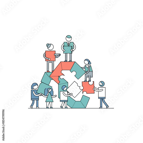 Business characters collaborate on assembling a large geometric structure in this pure flat 2D vector illustration, achieving shared goals through teamwork and unified effort.