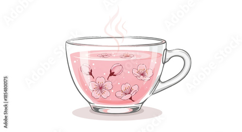Light Pink Cherry Blossom Herbal Tea with Floating Sakura Petals in a Clear Glass Cup