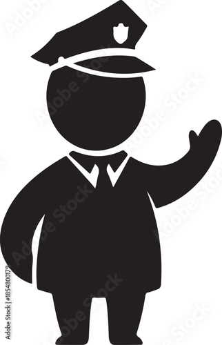 Black silhouette of a plump cartoon police officer in uniform with a badge and cap