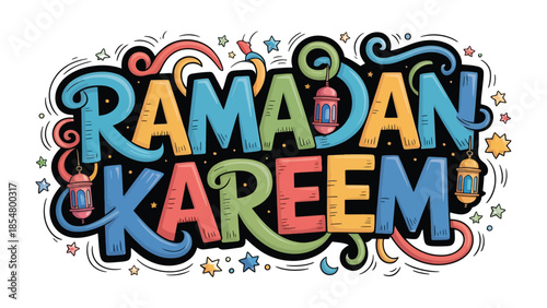 Ramadan Kareem: A vibrant illustration showcasing the spirit of Ramadan, adorned with stylized calligraphy and festive decorations. The design conveys the joy and blessings of the holy month.