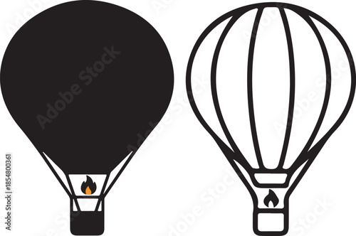 Two hot air balloons side by side one solid black and one outlined with a flame in the basket airship
