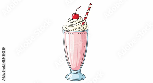 Strawberry Milkshake with Whipped Cream and Cherry Topping in a Tall Glass Illustration