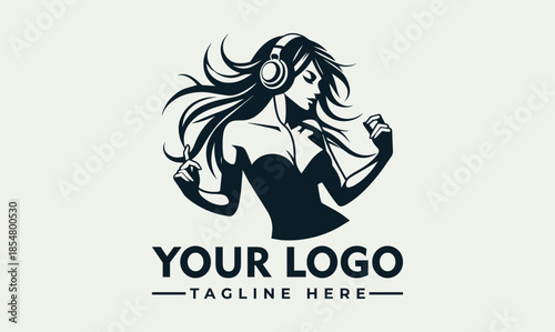 Vector logo design featuring a woman wearing headphones with flowing hair, presenting a customizable tagline on a clean background, ideal for music and business branding.