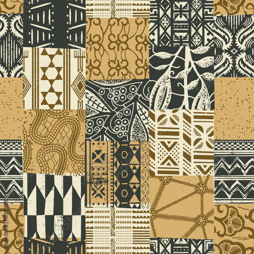Traditional African fabric patchwork wallpaper vintage abstract vector seamless pattern for fabric tapestry rug carpet pillow tablecloth