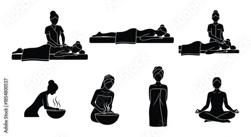 Silhouette illustrations of various spa treatments and relaxation techniques