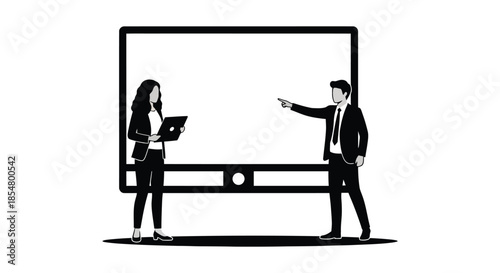 Business professionals presenting in front of large screen display