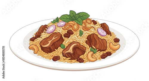 Traditional Arabic Kabsa Rice with Roasted Meat Cashews Raisins and Fresh Herbs