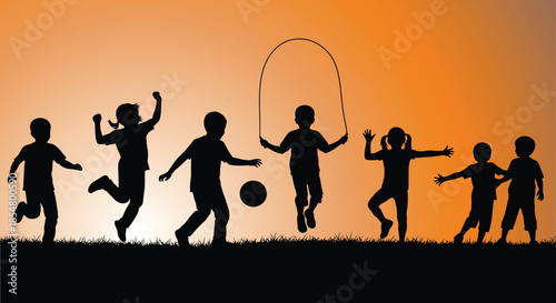 Children playing outside in sunset silhouette