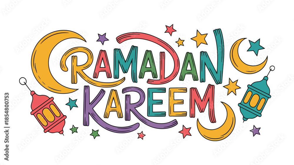 Obraz premium Ramadan Kareem: A festive and vibrant graphic design illustration depicting the holy month of Ramadan with colorful elements, including crescent moons, stars, and lanterns.