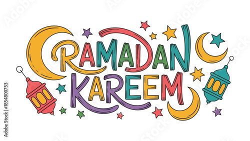 Ramadan Kareem: A festive and vibrant graphic design illustration depicting the holy month of Ramadan with colorful elements, including crescent moons, stars, and lanterns.