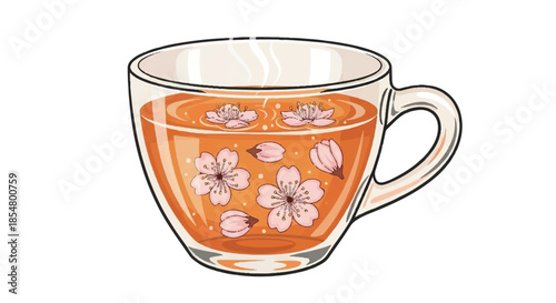 Floral Herbal Tea with Floating Cherry Blossoms in a Transparent Glass Mug Illustration