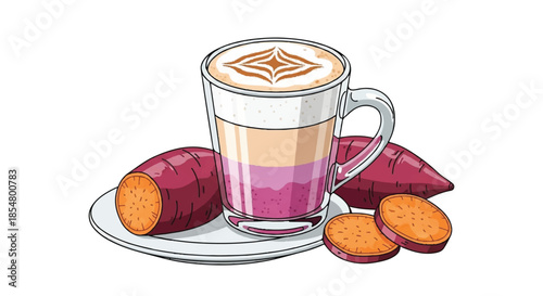 Purple Sweet Potato Latte with Layered Milk Foam and Roasted Sweet Potato Garnish